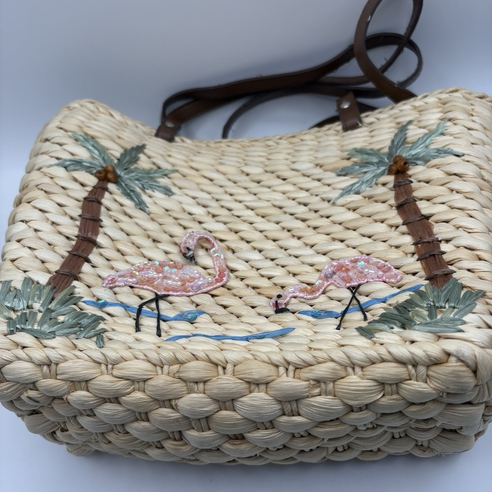 Vintage Capelli Straw Wicker Flamingo Palm Tree Beach Shoulder Bag Purse - Picture 12 of 14